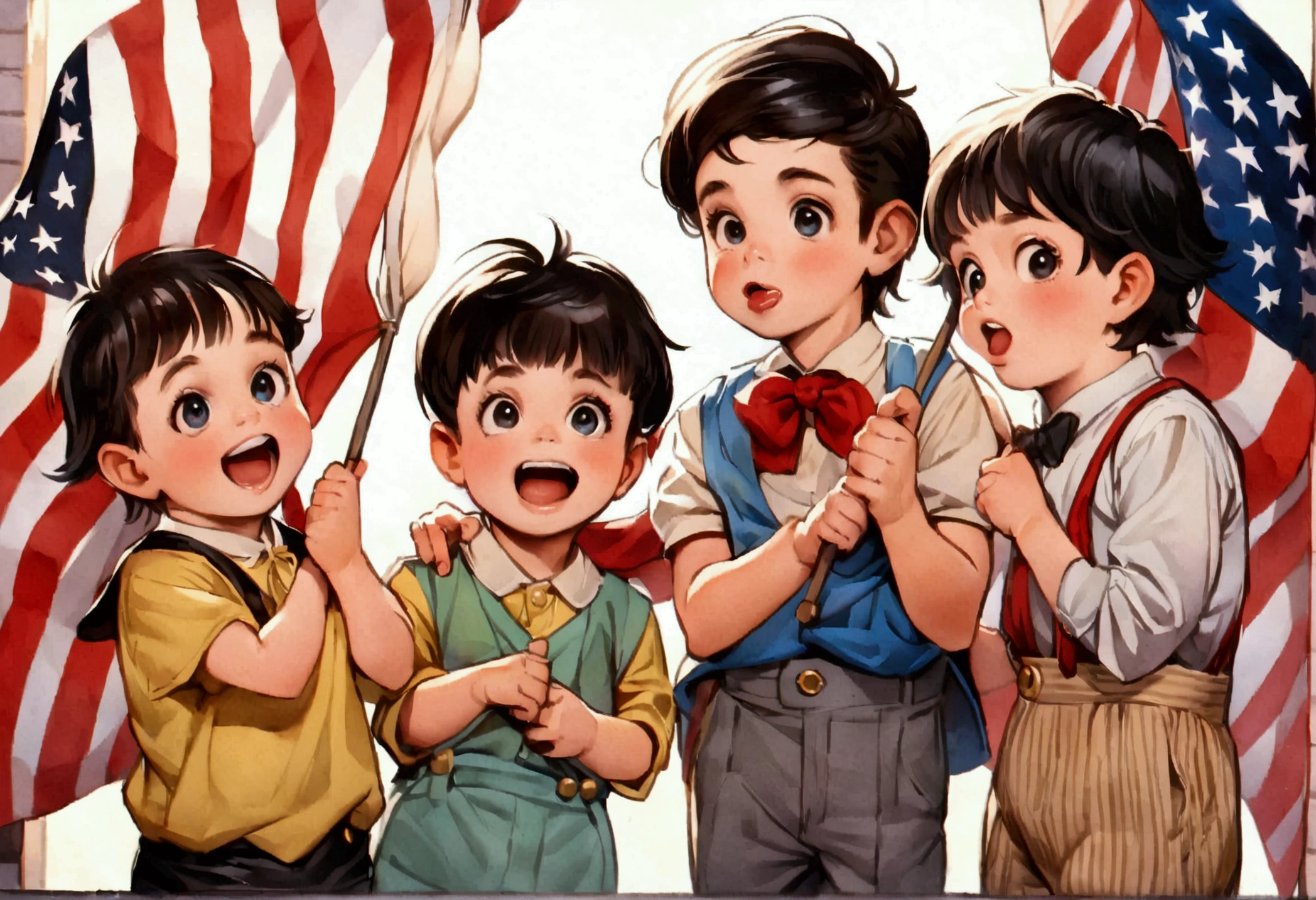Classic TV, the little rascals, playfully hold up a MAGA banner, An american flag in the background
