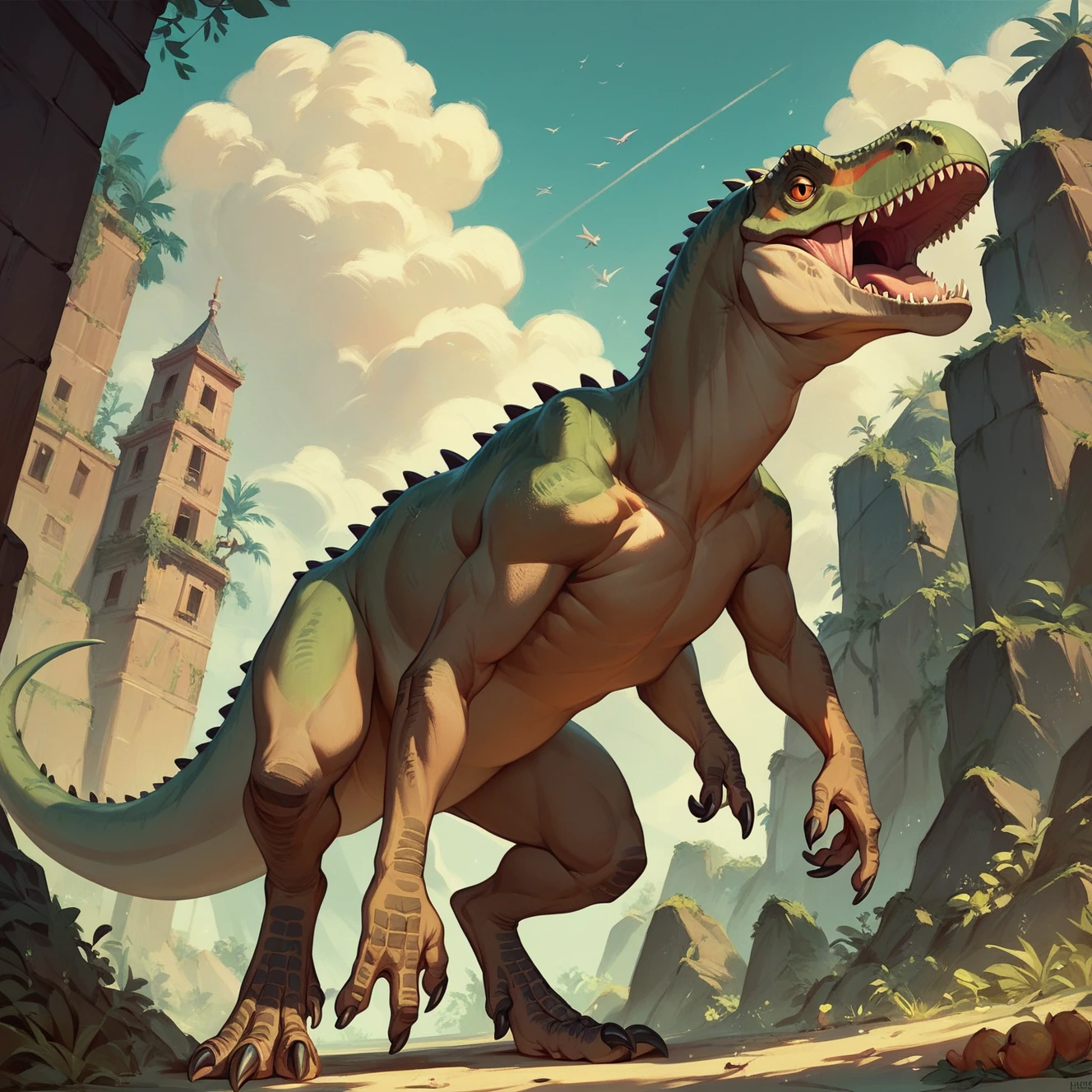 create a picture of a 9 year old with his dinosaur friend