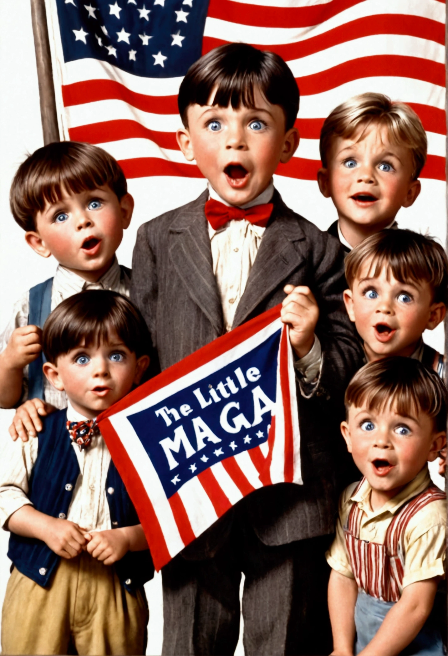 Classic TV, the little rascals, playfully hold up a MAGA banner, An american flag in the background
