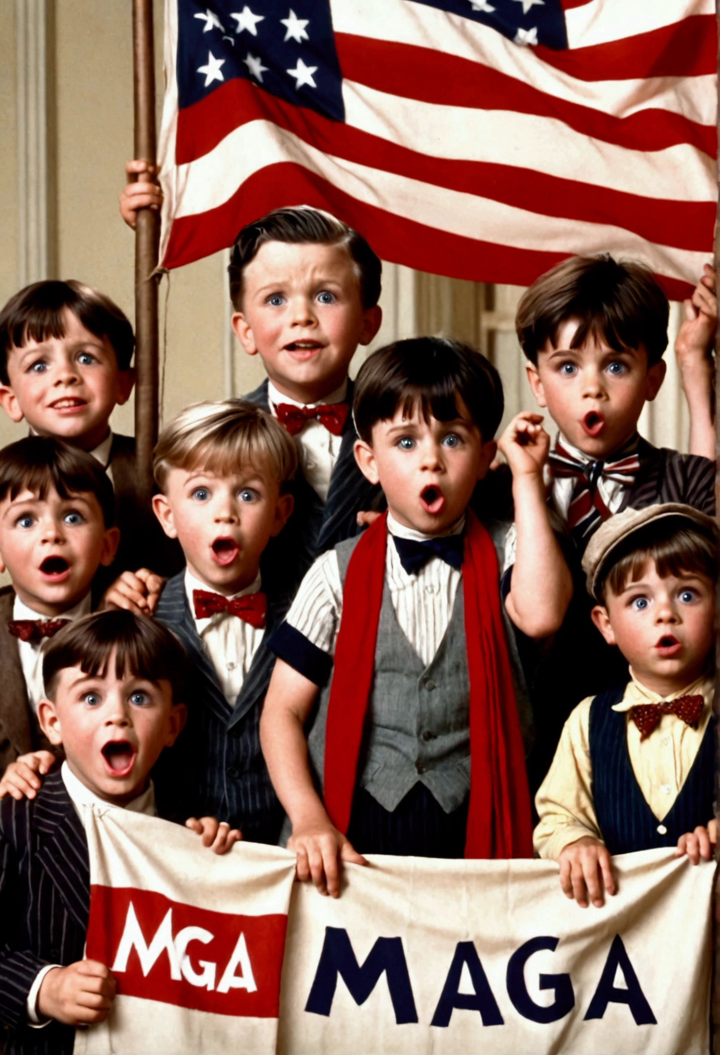 Classic TV, the little rascals, playfully hold up a MAGA banner, An american flag in the background
