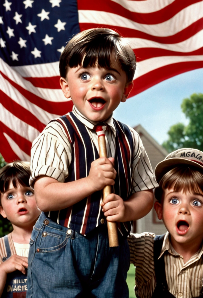 Classic TV, the little rascals, playfully hold up a MAGA banner, An american flag in the background