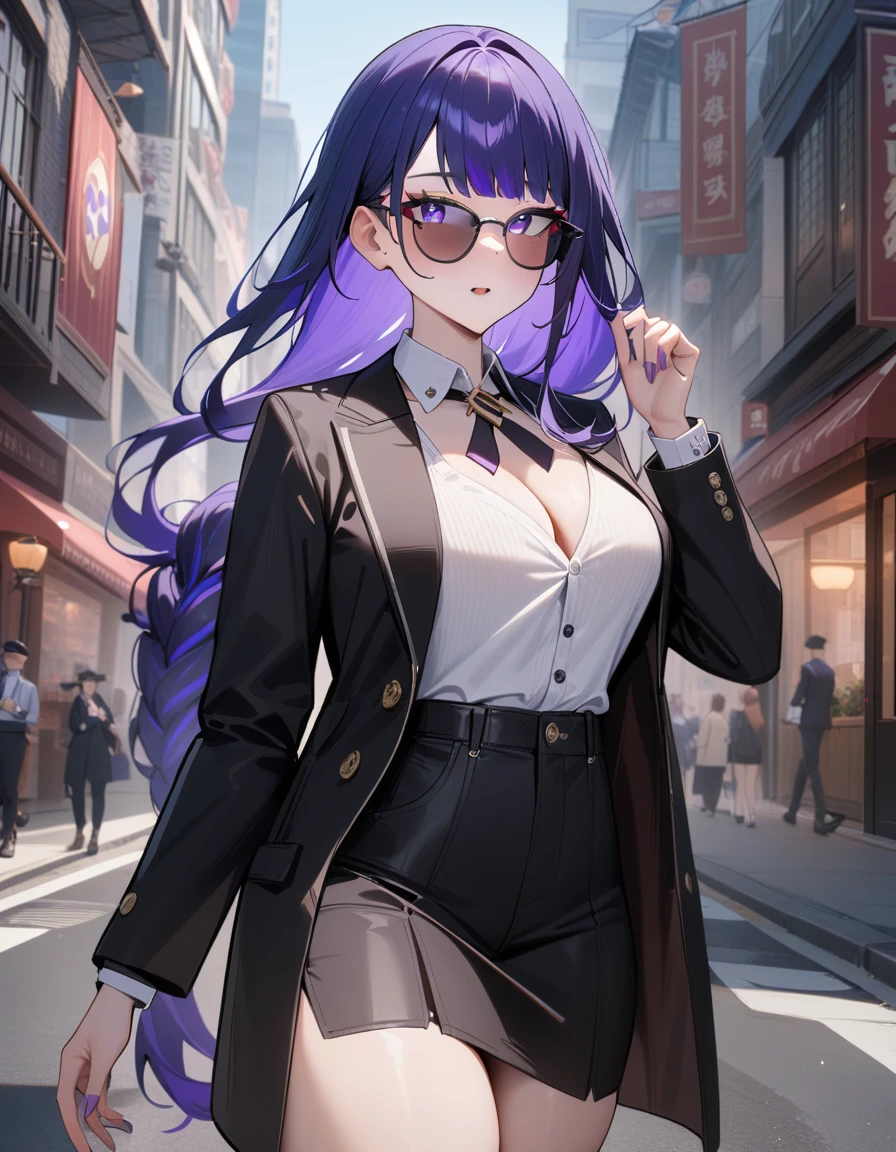 1girl, raiden shogun, genshin impact,officer,perfect Sunglasses, suit,cool,city street,masterpiece,very aesthetic,newest,sensitive