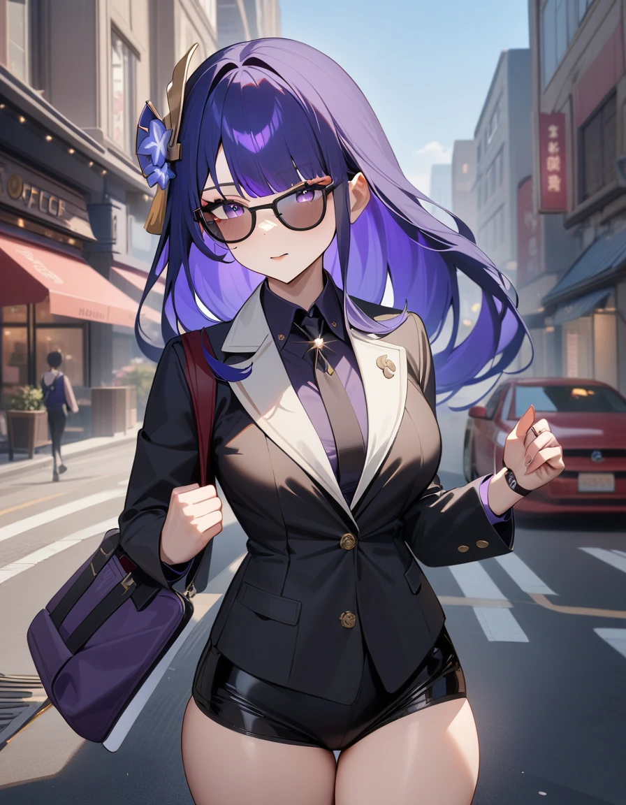 1girl, raiden shogun, genshin impact,officer,perfect Sunglasses, suit,cool,city street,masterpiece,very aesthetic,newest,sensitive