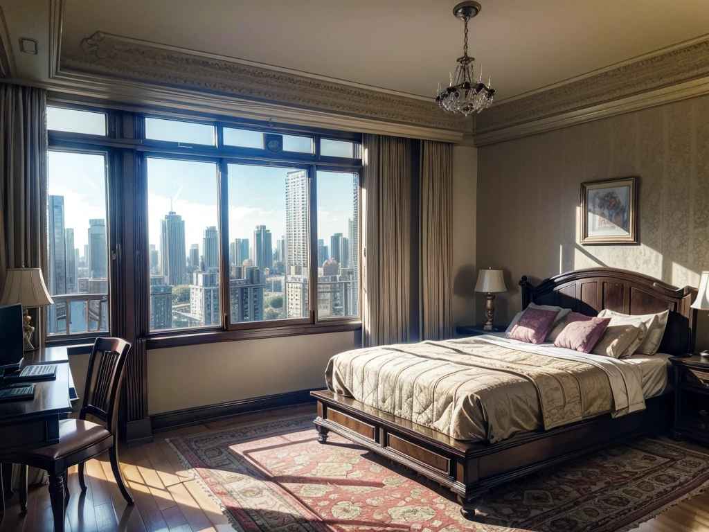 8KHD,9:16 vertical pictures,vertical picture,Glass House,Glass House,超大Floor-to-ceiling windows,There is a pink bed in the room,curtain,TV set,bookshelf。The wall is glass window, 房间里最重要的是有big bed,8K picture quality,Best quality,masterpiece,HD,Super rich detail,detailed,Comfortable bedroom,Large Windows,Floor-to-ceiling windows,big bed,There are pillows on the bed,Quilt,Essas roupas,notebook,There is a cabinet next to it,There are bookcases,There is a table,There are chairs,There are flowers,There is a wardrobe,有一个big bed,There are carpets,There are many books,Overall very comfortable,extremely clean,very useful,Large Windows,The scenery outside the window,There is a villa garden outside the window,City skyscrapers