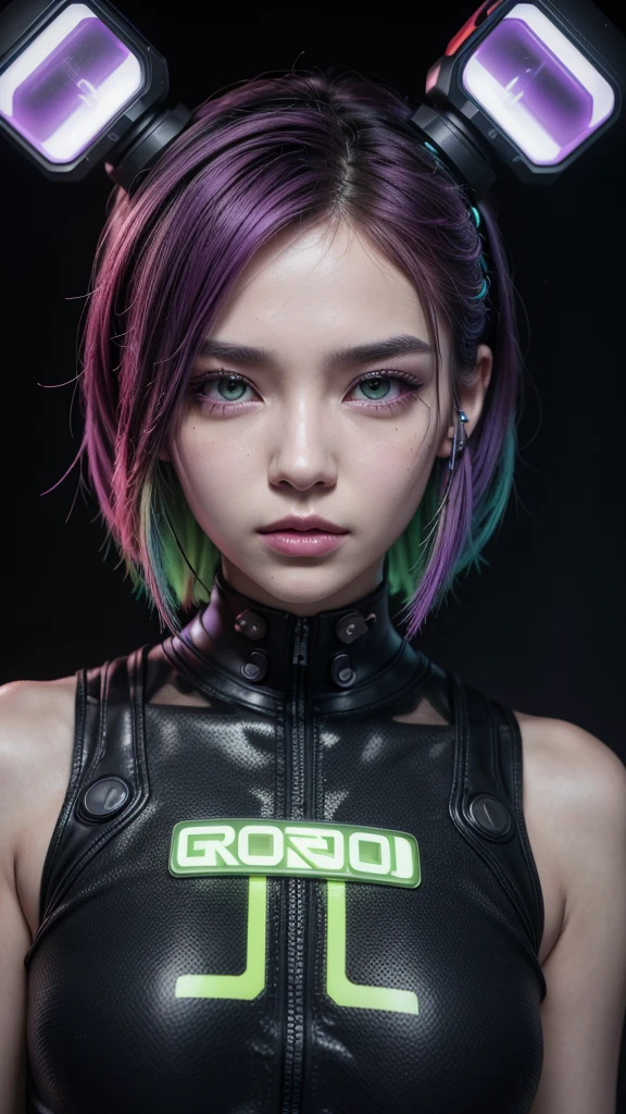 A captivating techno-fashion piece, highlighting a cyber-punk corean model with a gradient of neon green to hot purple hair. The portrait blends high-tech accessories with bold color choices, set against a vibrant backdrop. Her face combines human features with digital enhancements, including text projections on her cheek. The subject wears an intricate headset with multiple antennas and a retrofitted industrial earpiece, symbolizing constant connectivity. Elaborate technical readouts and product labels cover her exposed shoulder, merging organic and synthetic elements in a visually arresting manner.