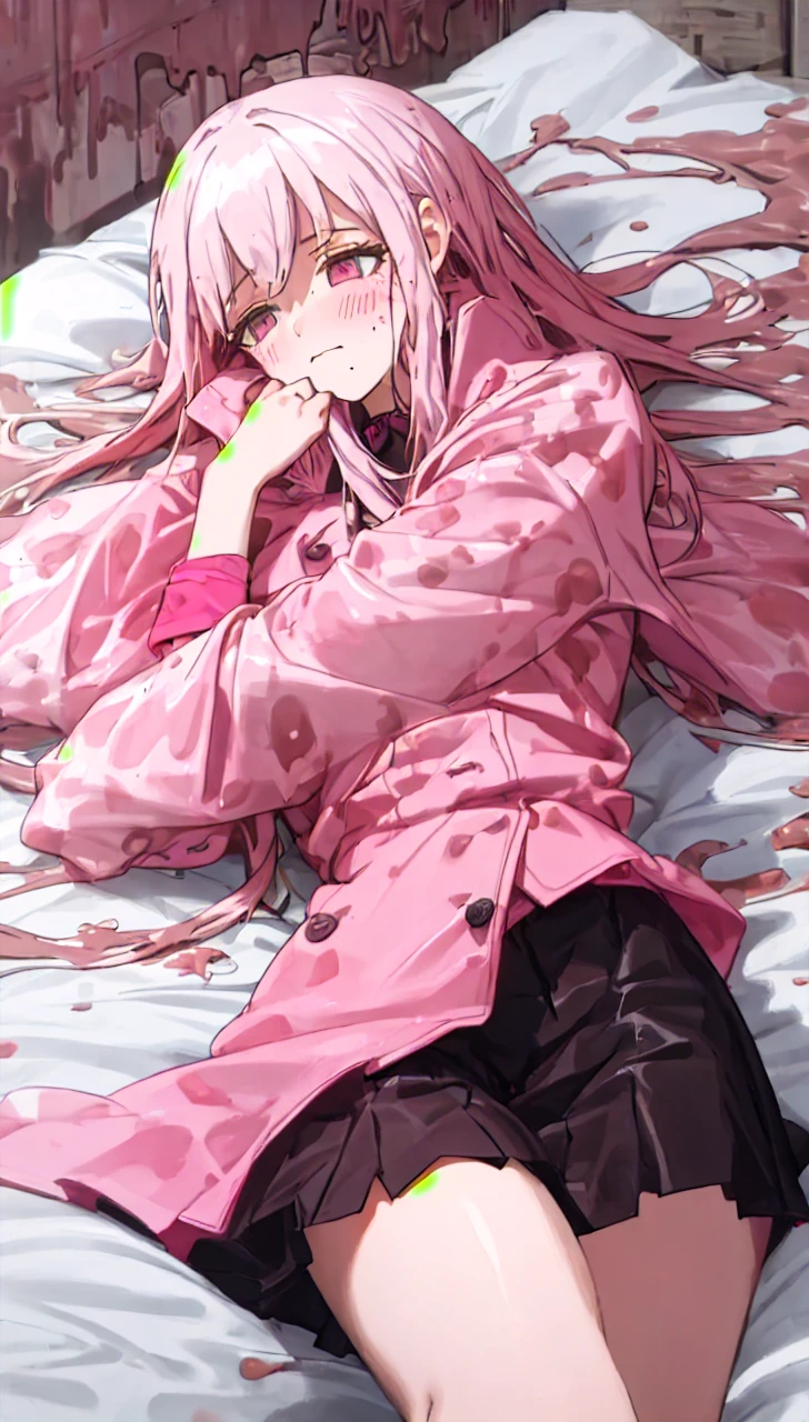 a girl laying in bed, wearing a pink buttoned raincoat, covered in mud, mud splatters, embarrassed expression on her face