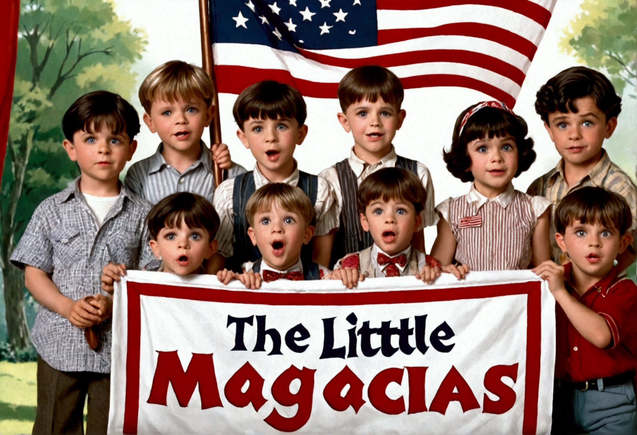 Classic TV, the little rascals, playfully hold up a MAGA banner, An american flag in the background
