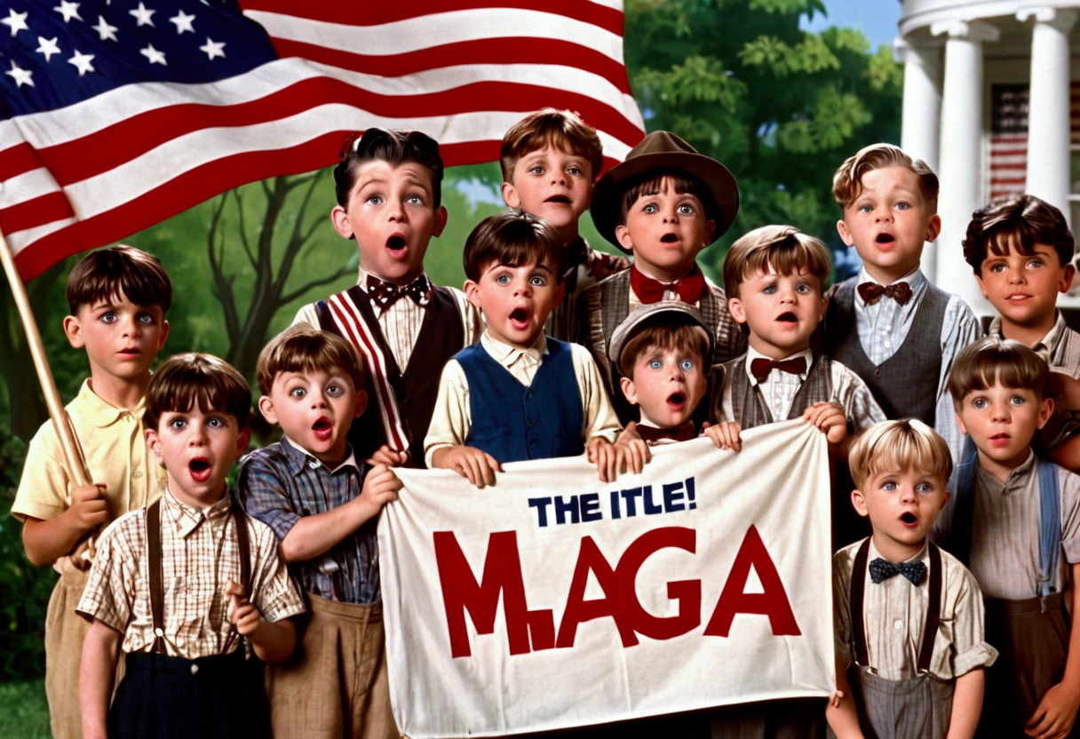 Classic TV, the little rascals, playfully hold up a MAGA banner, An american flag in the background
