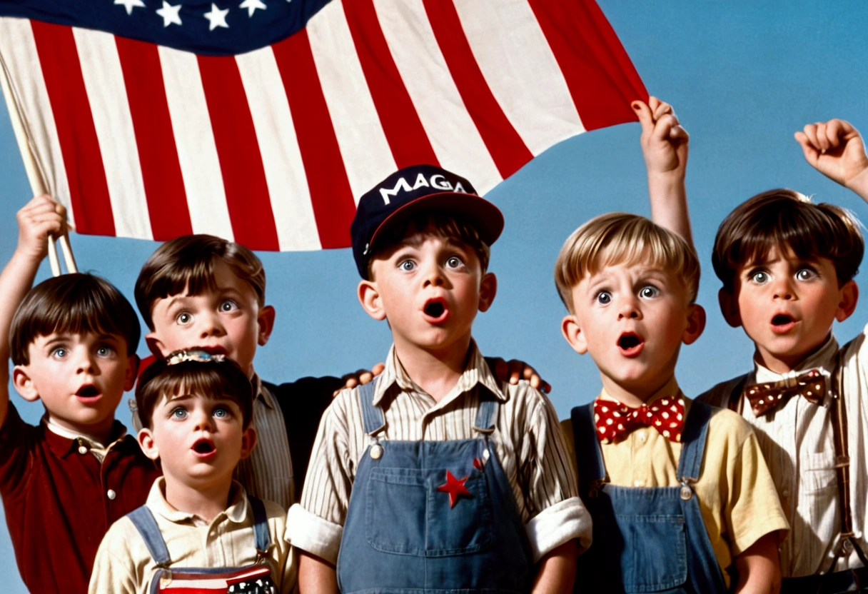 Classic TV, the little rascals, playfully hold up a MAGA banner, An american flag in the background
