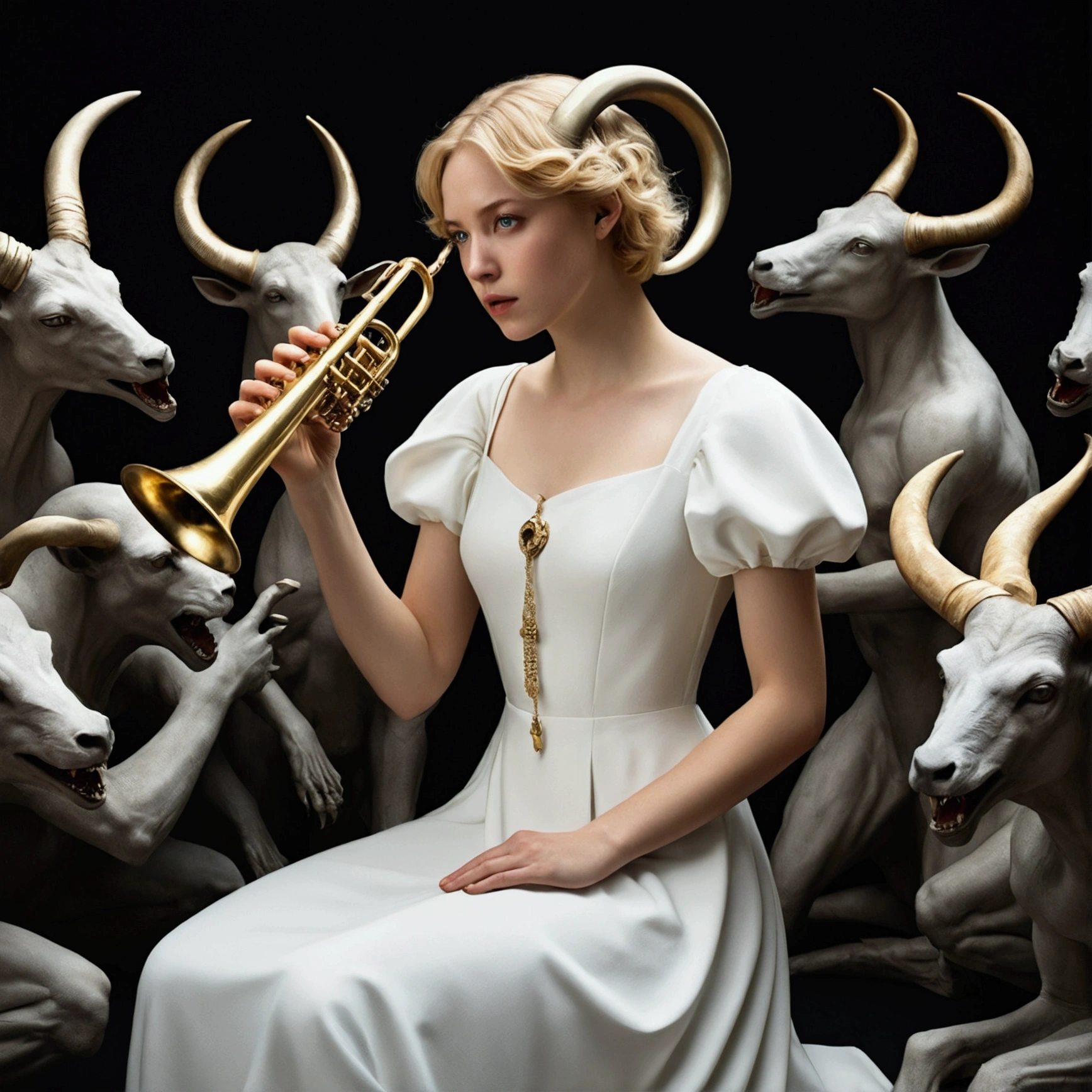 A young woman with short, blonde hair and blue eyes, dressed in a white gown, kneels in the center of a dark, cavernous space. She holds a gleaming trumpet in her right hand. Several massive, monstrous figures with horns and sharp teeth surround her, some kneeling submissively, others protectively. The style is reminiscent of medieval or Renaissance art, with dark, bold colors and heavy shadows. The figures are highly detailed, and the overall impression is one of drama and intensity.
