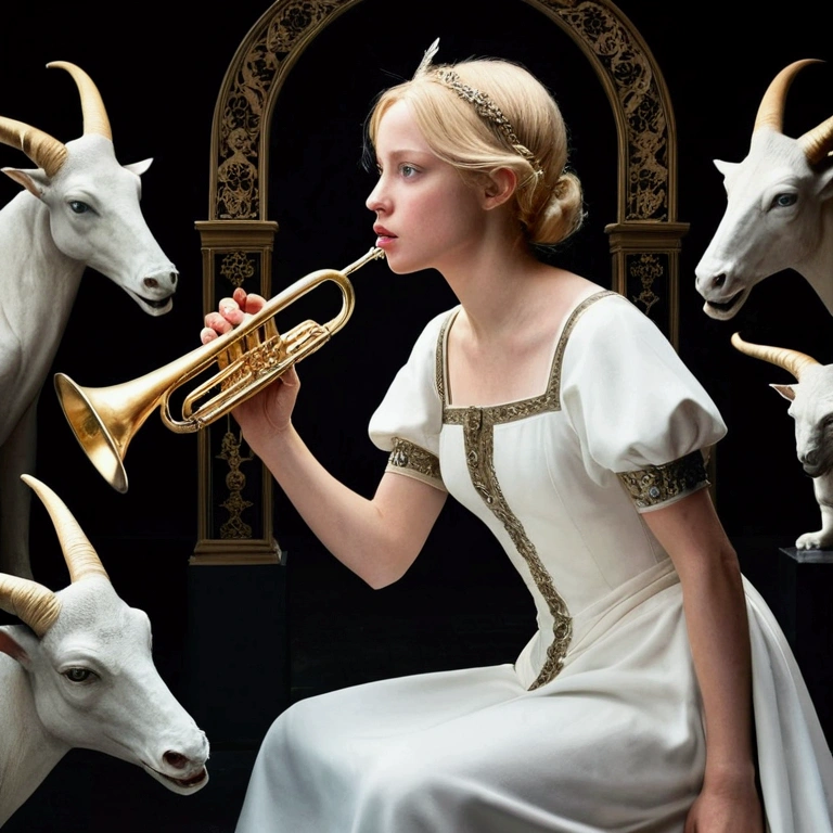 In the image, Historia Reiss is depicted as a young woman with short, blonde hair and blue eyes. She is wearing a white dress and is holding a trumpet in her right hand. She is surrounded by several large, monstrous figures with horns and sharp teeth. These figures are kneeling around her, some appear submissive or protective.
The style of the image is reminiscent of medieval or Renaissance art, with dark, bold colors and heavy shadows. The figures are highly detailed, and the overall impression is one of drama and intensity.