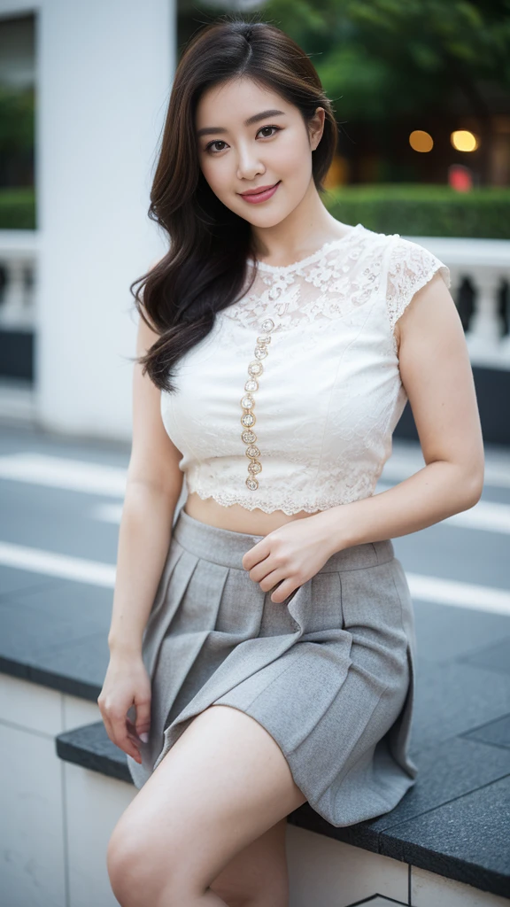 Height 1.85 meters,Smiling fat woman ,Oval face, 大Long legs, Wearing a yellow-beige high-necked lace shirt and pleated skirt, Thin waist and thick hips, Hip width, Soft curves, hyperPractical full figure, Wearing a cute top, Long legs,,thickness, Beautiful plump woman, A woman with beautiful curves*****Target,Clear curve details, Curvy hourglass figure, Charming plus size models, bbw酱, full image, Surface Model, Curvy body, (full-body shot)blush, 1girll fat , Golden Ratio,(White and tender skin:),High quality background, HD, Practical, HDR. pedestrian mall,Skin as white as paper,High heel,Sit on a slate,Flowers