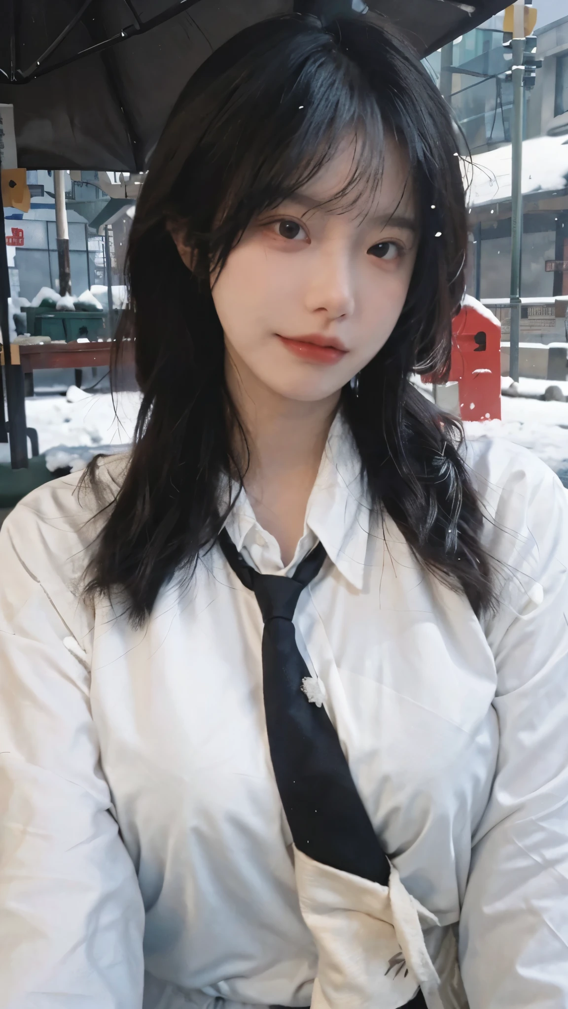 Best quality,masterpiece,Ultra-high resolution,snow,16K,Snow background,(Photo Realism:1.4),1 Girl,JK,Sexy,(Shirt and Tie:1.2),(Big breasts:2.3),(Upper body:1.4)