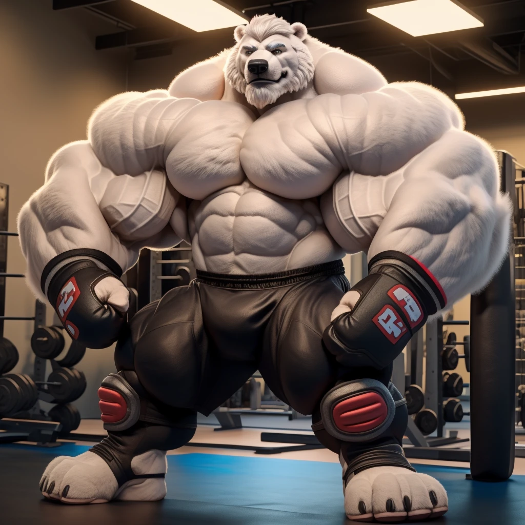 solo, 1boy, Huge Muscular White Polar Bear, huge white fur, pectoral, huge pectoral, wide pectoral, short white hair, ((really big muscle, massive muscular, sixpack, thick arms, huge fluffy white fur, wide pectoral, super huge muscle, hyper muscular, over sized muscle, huge arms, big arms, huge pectoral)), black kickboxing MMA fighting shorts, knee pads, black toeless wootwear, fingerless kickboxing fighting gloves and shirtless and topless, white bearded, white Mustache, white fur, grey eyebrows, gym fitness center background, masterpiece, high detailed, 8k, high resolution, at the gym, flexes huge thorax, looking at the viewer, acting all hunk