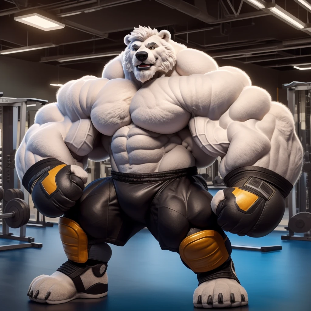 solo, 1boy, Huge Muscular White Polar Bear, huge white fur, pectoral, huge pectoral, wide pectoral, short white hair, ((really big muscle, massive muscular, sixpack, thick arms, huge fluffy white fur, wide pectoral, super huge muscle, hyper muscular, over sized muscle, huge arms, big arms, huge pectoral)), black kickboxing MMA fighting shorts, knee pads, black toeless wootwear, fingerless kickboxing fighting gloves and shirtless and topless, white bearded, white Mustache, white fur, grey eyebrows, gym fitness center background, masterpiece, high detailed, 8k, high resolution, at the gym, flexes huge thorax, looking at the viewer, acting all hunk