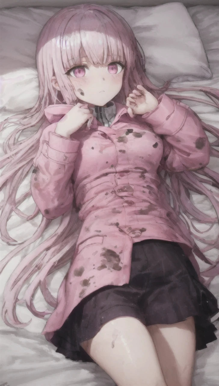 a girl laying in bed, wearing a pink oned raincoat, covered in mud, mud splatters, embarrassed expression on her face