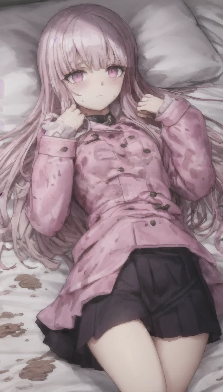 a girl laying in bed, wearing a pink buttoned raincoat, covered in mud, mud splatters, embarrassed expression on her face