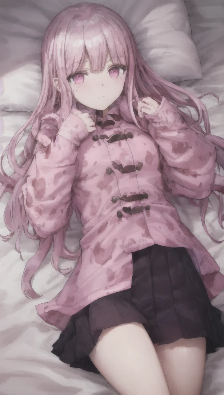 a girl laying in bed, wearing a pink buttoned raincoat, covered in mud, mud splatters, embarrassed expression on her face