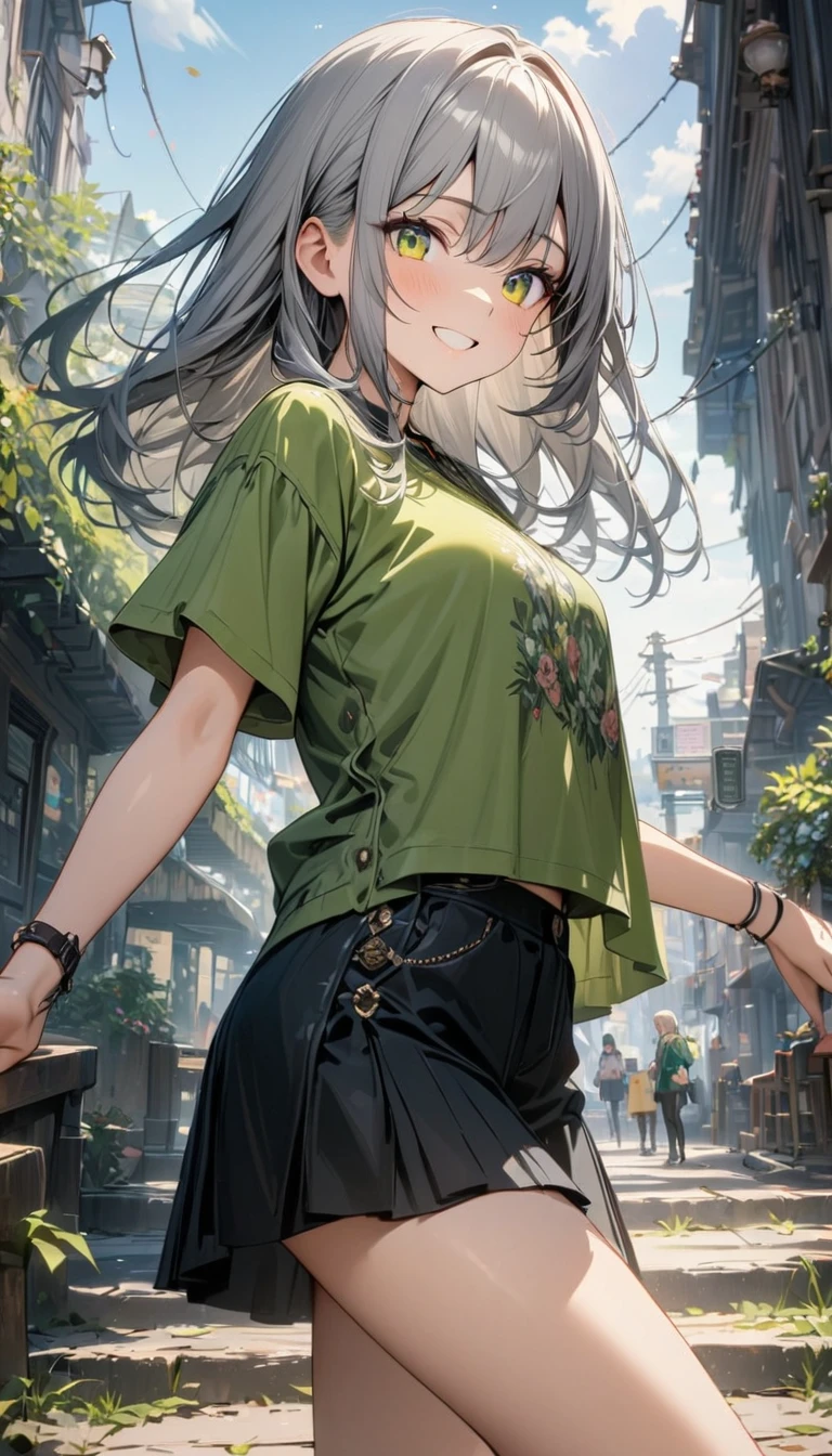 Young girl, long gray hair, beautiful yellow and green eyes, beautiful green shirt, short sleeves, skirt, smile, Masterpiece, best quality, Full HD, 8k, ultra details, great graphic