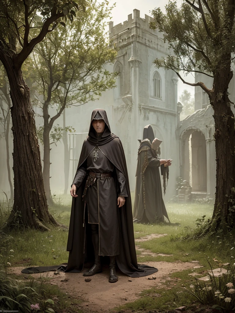 Magician dressed like a Crusader (dirty crusader's robe), we see him beside strange tree mysterious, complex, meticulous, impressionism, seb mckinnon, surrealism, post-impressionism, seb mckinnon, digital painting, detailed