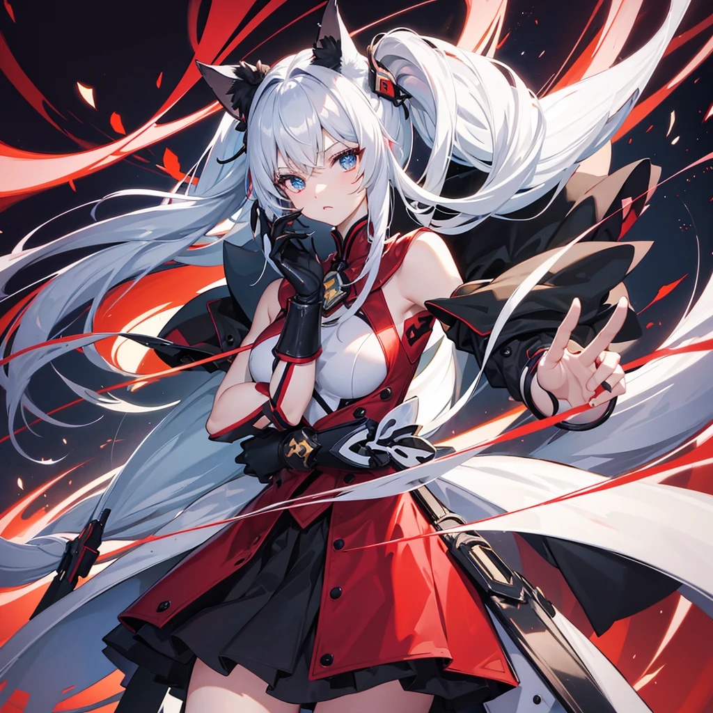 Anime style cat ears girl（Cat ears）Please draw。彼女はredいアクセントのある猫耳をしています。redと白のロングスカートのドレス着ています。On her whole body、red、black、It has a large mechanical arm with blue highlights.、Looks like a piece of combat gear。Her hair is silver。Her eyes are slanted。I&#39;m desperate.。I have an injured right arm。Show the whole body。She is lying on her back, throwing her whole body out.。In the dilapidated ruins。
