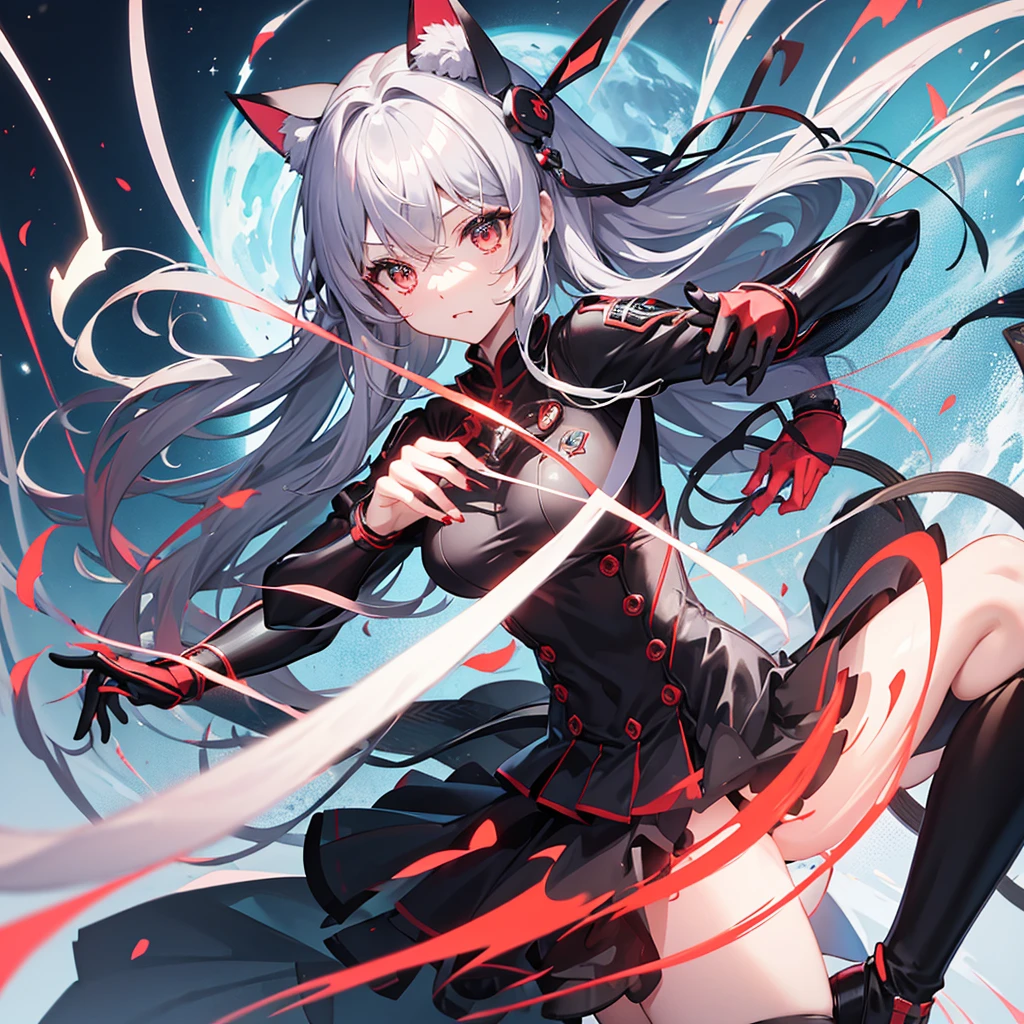 Anime style cat ears girl(Cat ears)Please draw。彼女はredいアクセントのある猫耳をしています。redと白のロングスカートのドレス着ています。On her whole body、red、black、It has a large mechanical arm with blue highlights.、Looks like a piece of combat gear。Her hair is silver。Her eyes are slanted。I'm desperate.。I have an injured right arm。Show the whole body。She is lying on her back, throwing her whole body out.。In the dilapidated ruins。
