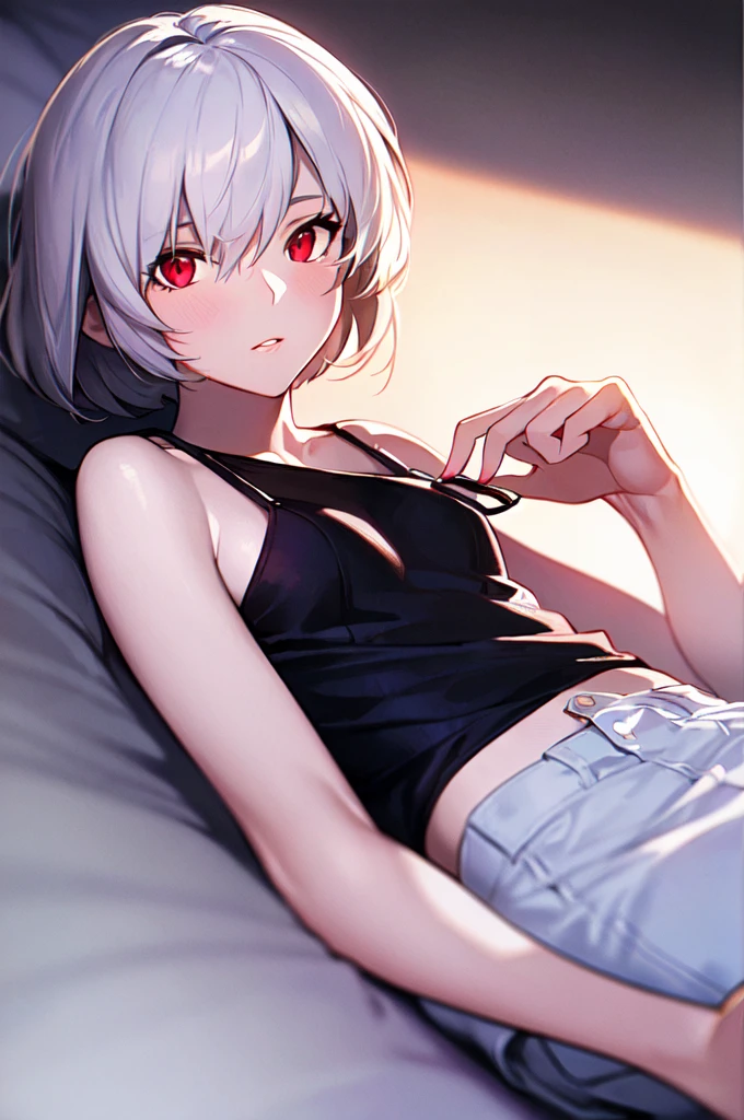 {{Neon Genesis Evangelion, Rei Ayanami:1.9}}, 8K, best quality, ultra-detailed, high resolution, highly detailed CG, clear, top aesthetic, excellent shading, (photorealistic:1.3), high contrast, ultra-fine illustration, shrink rate, beautiful detailed eyes, beautiful detailed skin, realistic skin, beautiful detailed hands, beautiful detailed fingers, beautiful detailed hair, detailed hair strands, beautiful detailed ears, beautiful detailed lips, professional lighting, beautiful detailed background, very realistic background, one girl, solo, 25 years old, beautiful woman, (((glossy pale hair, bob cut))), (hair between eyes), (((dark red eyes))), (inner camisole, outer see-through shirt, short skirt), dynamic angle, lip gloss, cowboy shot, modest, blushing, expressionless, in a western-style room, lying on back, arms behind head