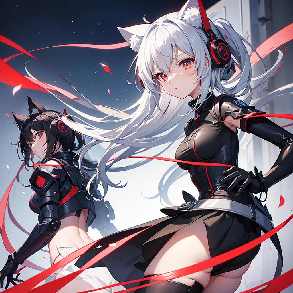 Anime style cat ears girl(Cat ears)Please draw。彼女はredいアクセントのある猫耳をしています。redと白のロングスカートのドレス着ています。On her whole body、red、black、It has a large mechanical arm with blue highlights.、Looks like a piece of combat gear。Her hair is silver。Her eyes are slanted。I'm desperate.。I have an injured right arm。Show the whole body。She is lying on her back, throwing her whole body out.。In the dilapidated ruins。