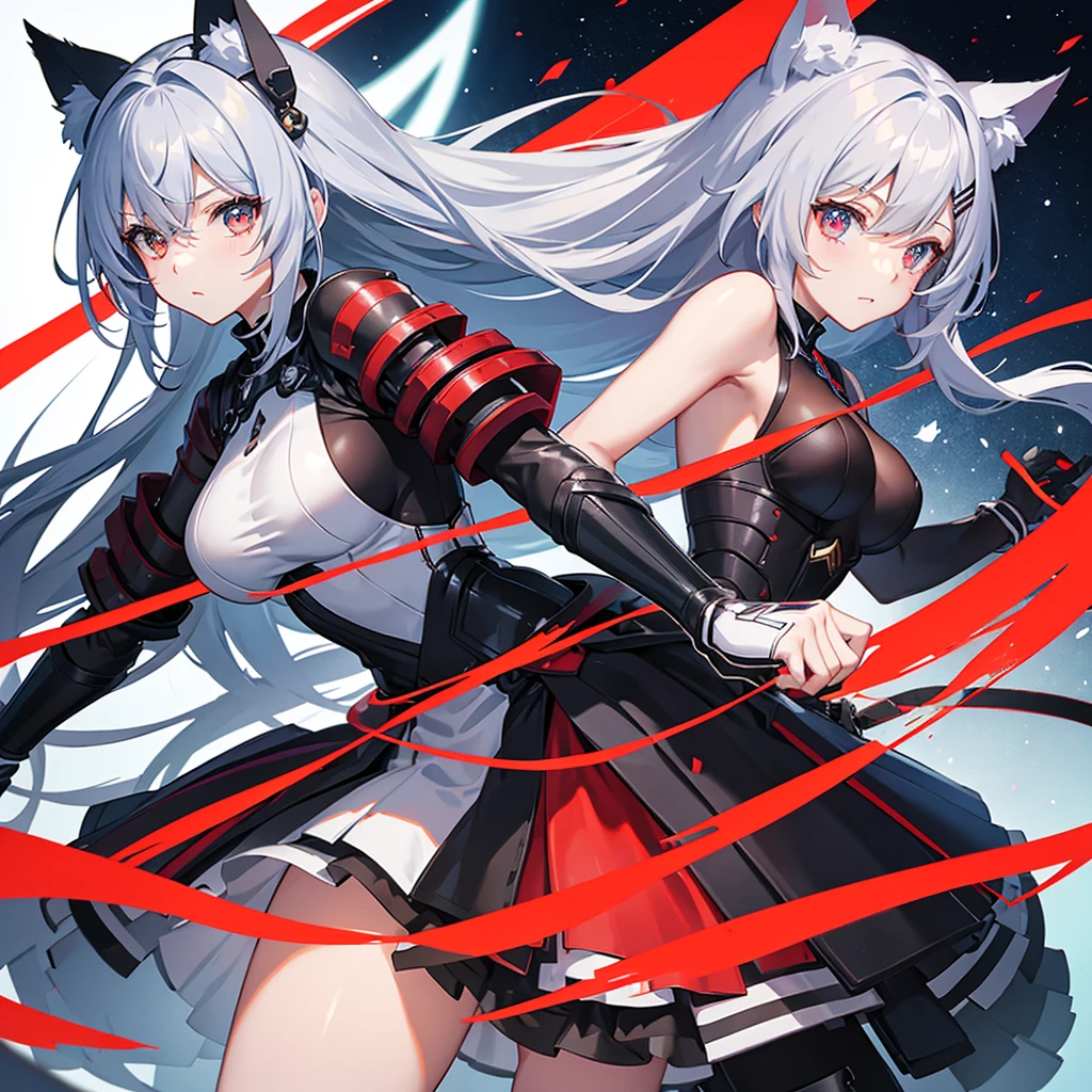 Anime style cat ears girl（Cat ears）Please draw。彼女はredいアクセントのある猫耳をしています。redと白のロングスカートのドレス着ています。On her whole body、red、black、It has a large mechanical arm with blue highlights.、Looks like a piece of combat gear。Her hair is silver。Her eyes are slanted。I&#39;m desperate.。I have an injured right arm。Show the whole body。She is lying on her back, throwing her whole body out.。In the dilapidated ruins。