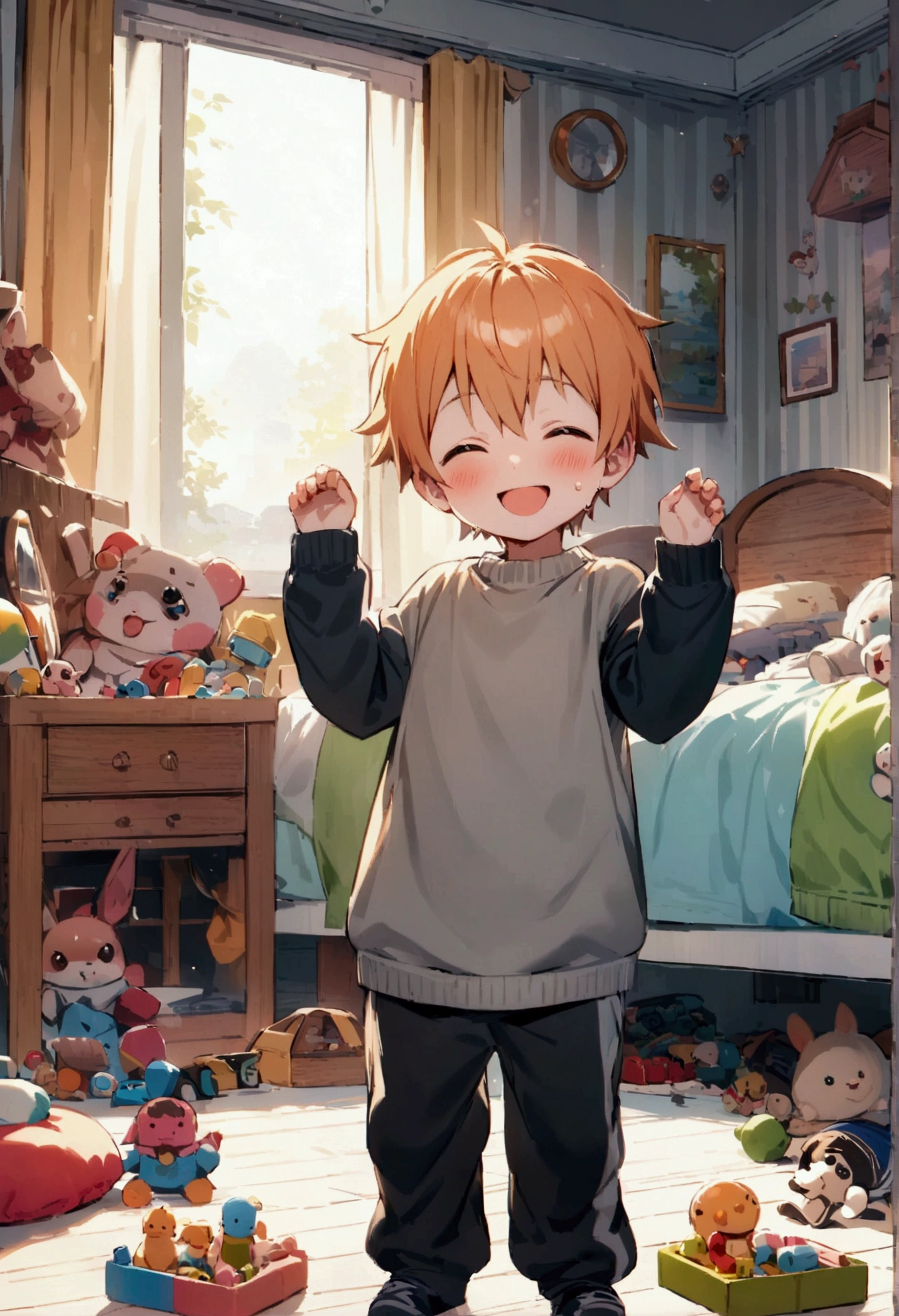 kid, Full body picture, whole body, cute young boy shota, tight gray sweat pants, wide sweater, light orange hairs, blush, happy, smile , BREAK, ultra detailed children bedroom, lot of toys around