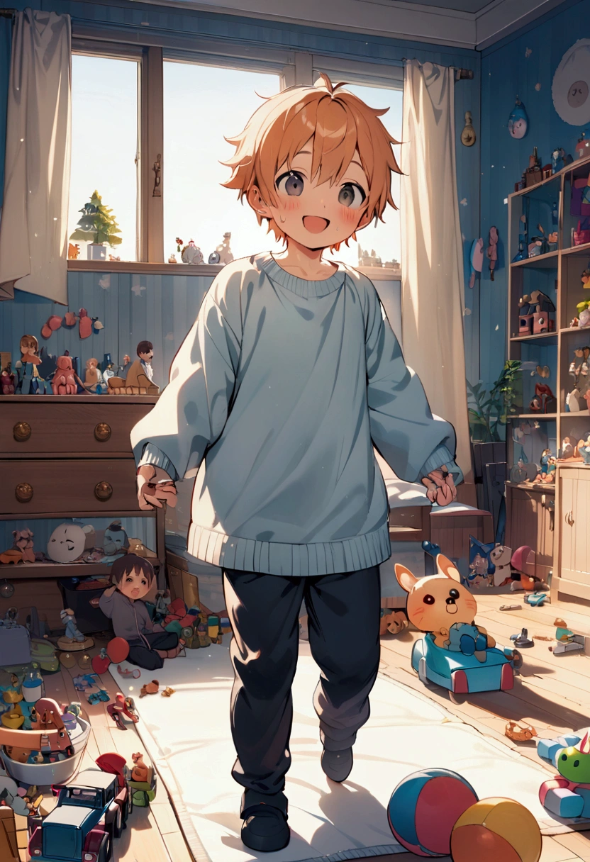 kid, Full body picture, whole body, cute young boy shota, tight gray sweat pants, wide sweater, light orange hairs, blush, happy, smile , BREAK, ultra detailed children bedroom, lot of toys around