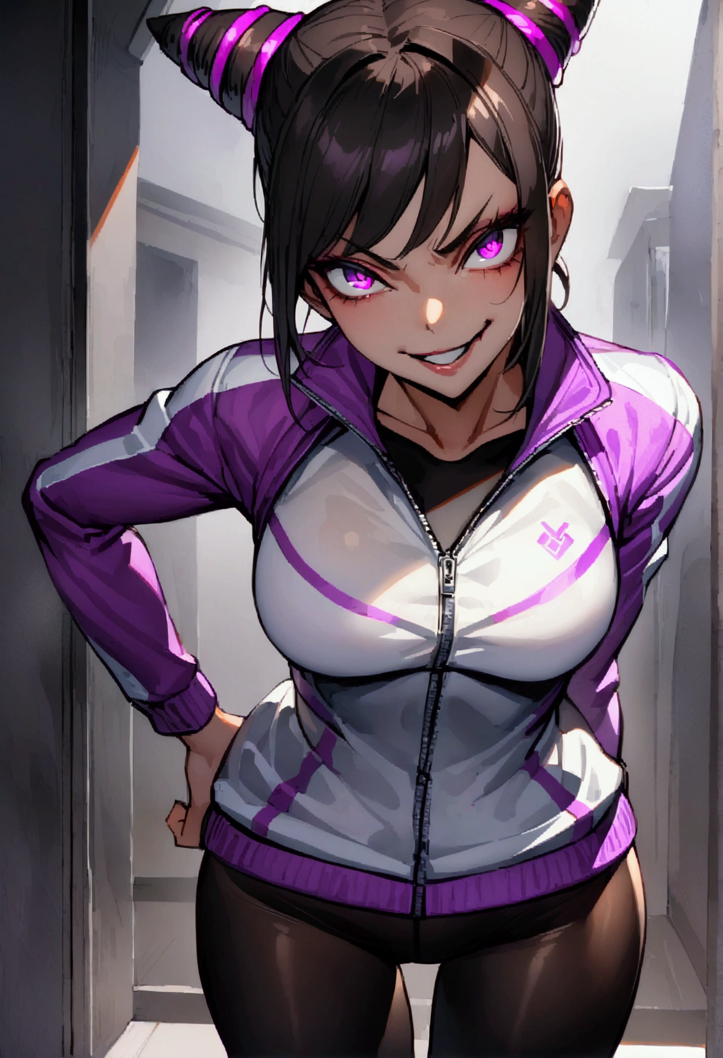 beautiful young fitness woman with , in a gym wearing May with black pantyhose, tight white and purple gym jacket. standing alone,hair horns,glowing purple eyes,Evil smile,legging,short branco
