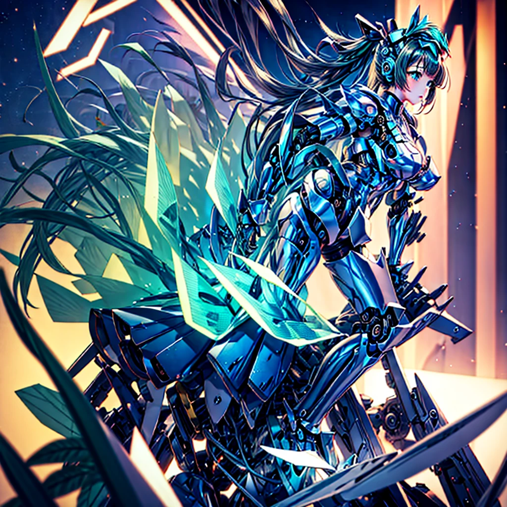 masterpiece, high quality, During the mechanized modification operation、Minami Kotori, who has been turned into a mechanical body cyborg、Surgery to convert to a gynoid cyborg body with exposed mechanical parts、A cyborg body for sexual purposes、Blue and white leotard-type mechanical armor、The whole body from the neck down is precision-machined.、Single image、Full-body shot from the front