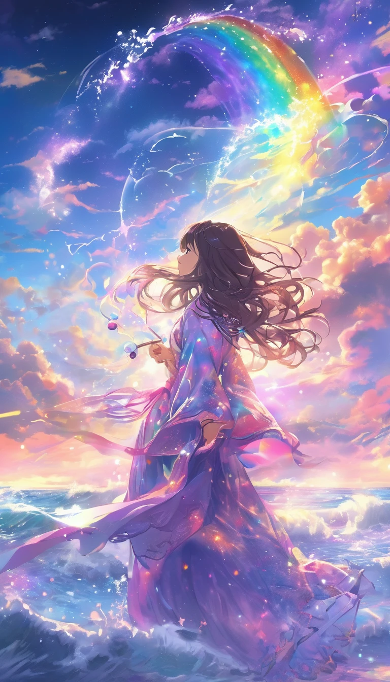 high resolution　Mysterious glowing spell casting girl, ((Fantasy Rainbow Ocean)), Vibrant colors, Great light, Detailed speech bubbles, Magical atmosphere, Nice views, Dreamy atmosphere, Sparkling, Roomy robes, The magic touch, Mysterious Creatures, ((Sparkling waves)), Mystical symbols, Surreal beauty, mist, There&#39;Magic in the air, Magical moments,Mysterious atmosphere, Whimsical Creatures, Full of charm, Fairy, Superpower, Fantasy World