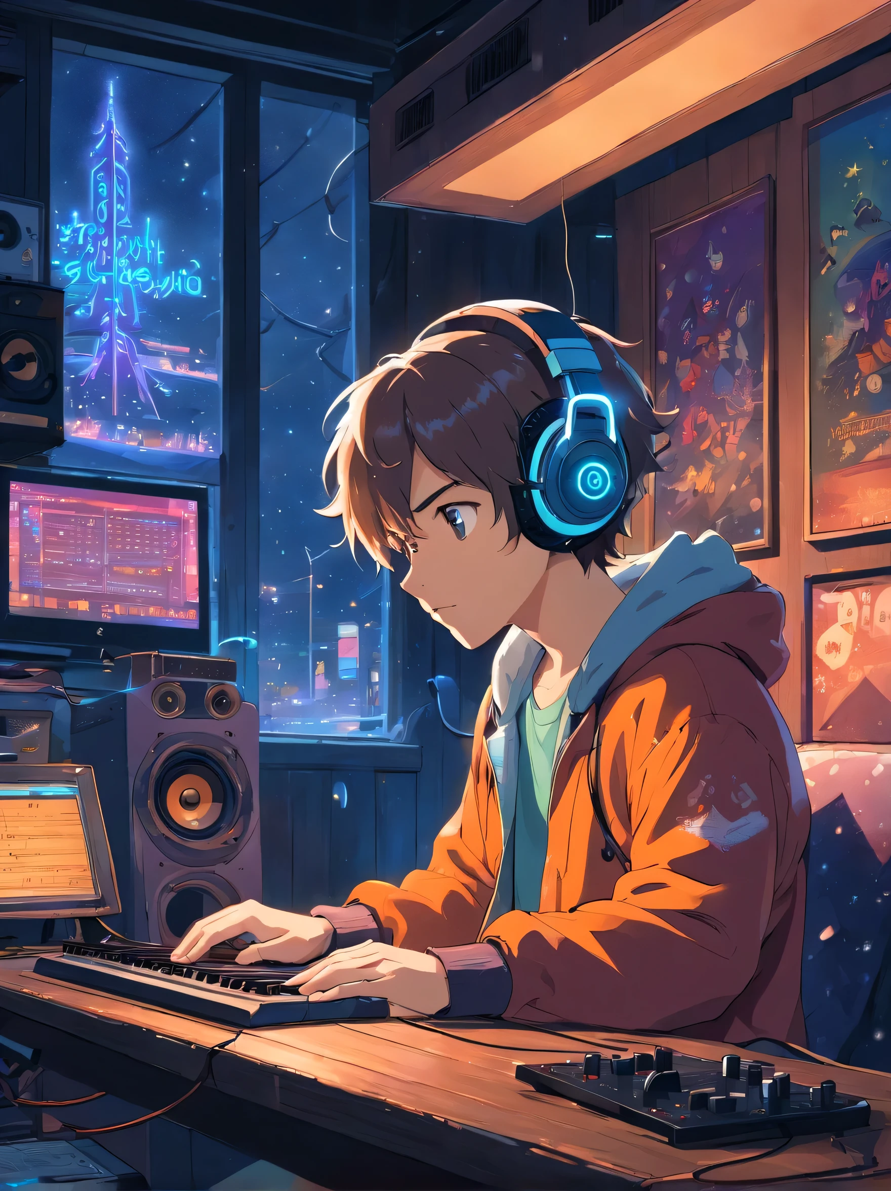 a man listening to music wearing headphones, incredibly detailed portrait, vintage wave, cyberpunk, sad atmosphere, luminous light through the windows, nighttime scene, one bedroom, 2D, shot from afar, wide shot, noise from the film, old cartoons, many records, vinyl record store, masterpiece, very high quality, official art, beautiful and aesthetic, very detailed, fractal art, electric and acoustic guitars, musical notes, lo-fi hip-hop, side view, old anime textures, alone, speakers, cyberpunk, vinyl, night, snowing outside in the winter season, staring at a laptop with music production software