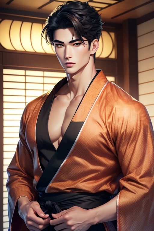 Close-up handsome very Japanese younger males,muscle,super and highly detailes,very 8k Japanese summer kimonos with Japanese prints patterns((absurdres, highres, ultra detailed)handsome, tall muscular Anime young man Japanese man full body figure kinda brawny muscular with black hair studious student likewithout glases in a very japanes male summer contemporary kimono yukata looking at the camera anime semi realiatic with different strking handsome features looks appearances that are moulded sculpted sculptured chiseled sharp angled angular broad high cheekbones full square jawed large almond shaped eyes light hazel amber or honey colors more round roundish eyed barely shoulder length wavy hair dark in a very Japanese Tokyo home almost male model like roundish oval like face