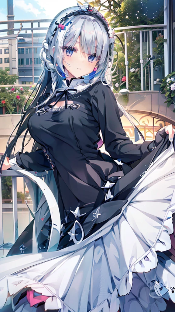 best quality, extremely detailed,anime style girl,long hair down to the waist, straight hair, ((dark black hair with bluish)),braid,beautiful detailed eyes, pinched eyes, (dark blue eyes),huge breasts,curvy,((((white main cutie brightly colored princess dress)))),clothing with complex patterns,hair ornament,smile,((((balcony in garden)))),((((pov))))