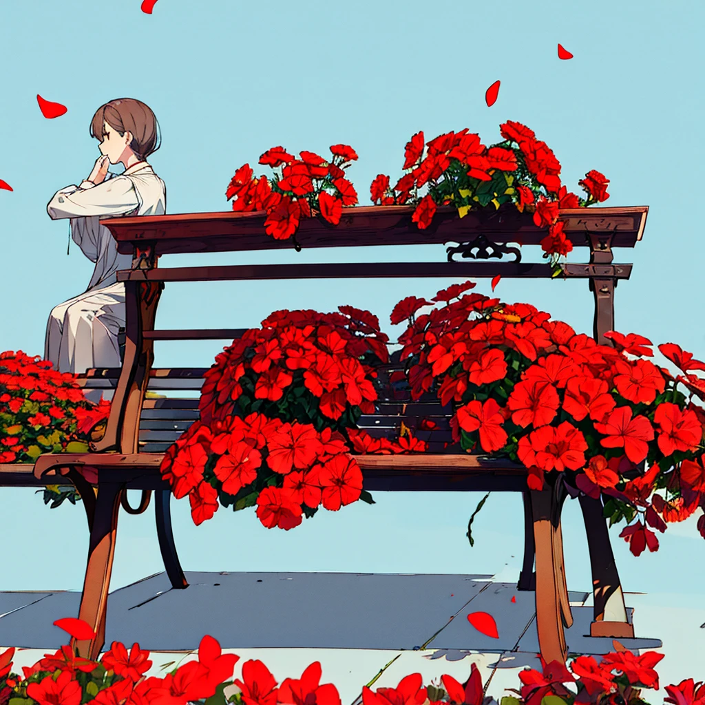 Light gray background Woman sitting on bench Red flowers Simple