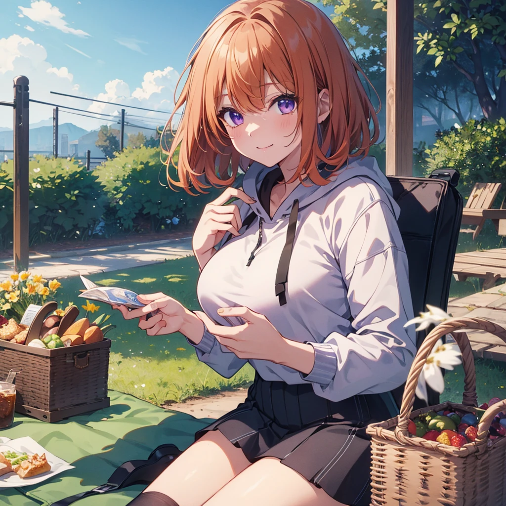 (Recall,food:1.3),(picnic:1.3),basket, Park with a view, Highest quality, grassland park, blue sky, hiking, Best image quality,Perfect Anatomy,masterpiece,Ultra-detailed,beautiful,super high quality, Highest quality,High resolution, Very detailed,Game CG,Dutch Angle ,beautiful細部までこだわった目,Visual Arts,Five Fingers, Perfect hands,Hide your hands, {{{One Girl}}}, beautiful詳細な女の子, Game CG, Spring flower, One curl on the outside, Short Bob Hair, Pastel orange hair, Purple eyes,Stylish accessories solo, breast enhancement, Medium Shoot, woman, Take-out, Laughter, huge ,,Pastel green checkered mini skirt,Black knee-highs, {{{{{Wearing a pastel green hoodie}}}}},Open your mouth, wonderful, beautiful細部までこだわった目, Highest quality, Very delicate,Masseter muscle area,Highest quality,(Official Art、Highest quality、Unity 8k wallpaper、32K、masterpiece、Ultra-detailed、超High resolution、Realistic、Photorealistic:1.2)、(Cinema Lighting:1.2)、Fire Glow Effect、The most grainy shadows on the film、Side light、Side Shot、(Ultra-detailedで複雑な3Dレンダリング)、Atelier Series, Multiple Girls.