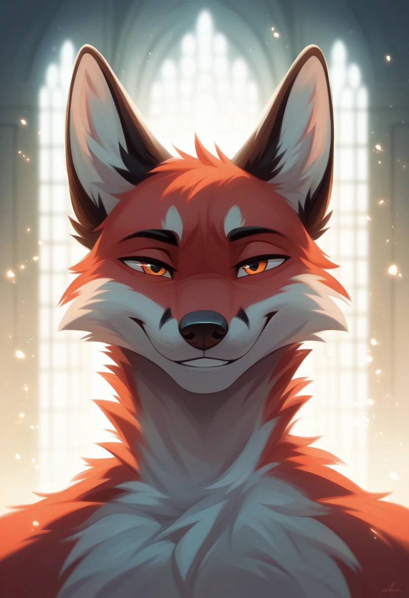solo male, white fox, furry, smiling, red fur, Black fur stripe, netral, Traumatized face, dynamic lighting, illustration, beautiful, particles (high quality,4k,8k,highres,masterpiece:1.2), ultra-detailed, impressionistic:colorful,]