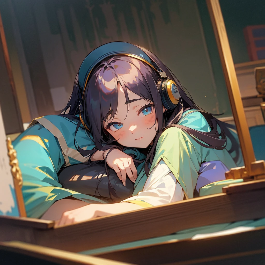 Vertical portrait of a 15-year-old Taiwanese girl wearing over-ear headphones, sleeping on her computer desk in a dimly lit room. A cat is curled up next to her, and an open book lies beneath her head. The scene is captured in Lo-fi photography style with dark amber and emerald tones. A tall window shows a traditional Taiwanese street scene outside. In anime style, with medical textbooks scattered around. --ar 4:5 --style raw