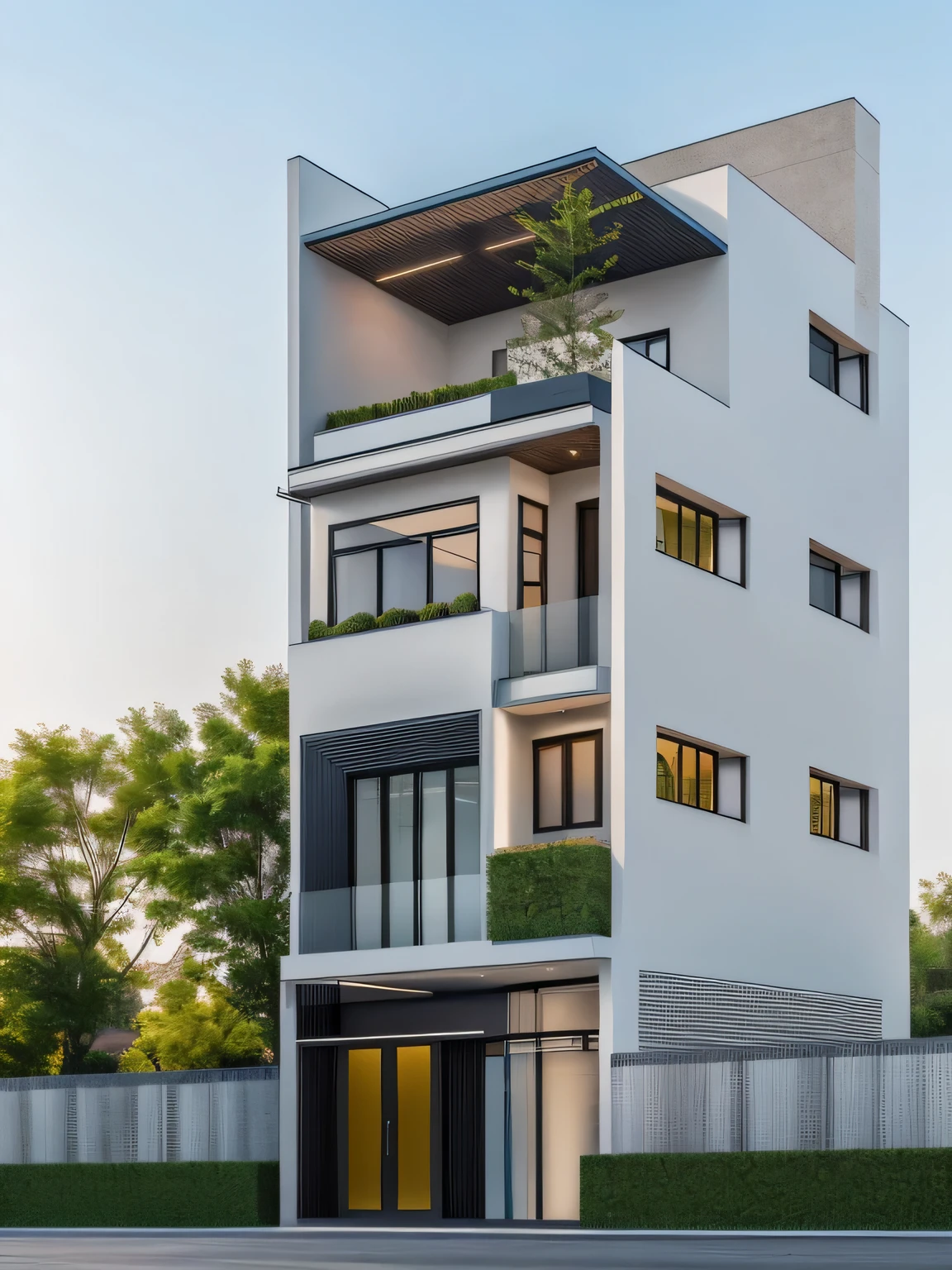 1 morden house, cofe space:1.4, main material by white wall and wood, large yard, 1 road runs in front of the house,  (RAW photo, real, best quality, masterpiece:1.2), look morden minimalist, 1 road in front of the house, shime ring light, light brighteness from indoor:1.2, dynamic lighting:1.3, (hyper realistic, photo-realistic:1.2), high quality, (dark lighting:1.2), perfect lighting, archdaily