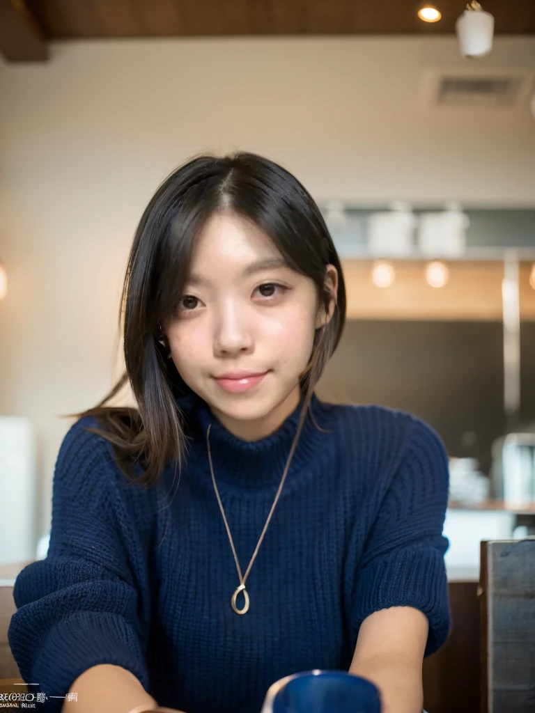 Japanese Model, Beautiful girl sex,Photo Style, Portrait layout, from the front, Focus on the upper body, Direct eye contact, Smiling expression, Cafe indoor background, evening, The brightness of the shining sun, Sitting pose, Wearing a blue knitted sweater, Beautiful composition, Cinema Lighting, Very detailed, 8k, Film Post Processing, {{Bad finger,anatomy mistake,Missing Fingers}}, {{sign,watermark,username,artist name}}, {{Retro Style,Poor quality}}