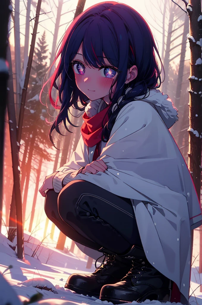 aihoshino, Ai Hoshino, Long Hair, bangs, (Purple eyes:1.1), Purple Hair, (Symbol-shaped pupil:1.5), smile,,smile,blush,white breath,
Open your mouth,snow,Ground bonfire, Outdoor, boots, snowing, From the side, wood, suitcase, Cape, Blurred, , forest, White handbag, nature, Squat, Mouth closed, Cape, winter, Written boundary depth, Black shoes, red Cape break looking at viewer, Upper Body, whole body, break Outdoor, forest, nature, break (masterpiece:1.2), Highest quality, High resolution, unity 8k wallpaper, (shape:0.8), (Beautiful and beautiful eyes:1.6), Highly detailed face, Perfect lighting, Extremely detailed CG, (Perfect hands, Perfect Anatomy),