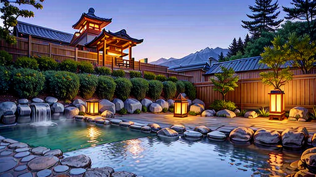 A spectacular view from the inn、Summer Japanese traditional hot spring,  Dim Light, detailed, Realistic, ((masterpiece)), Hot steam, Wooden bucket, forest, bamboo, Soft lighting, (masterpiece:1.2), (Highest quality)