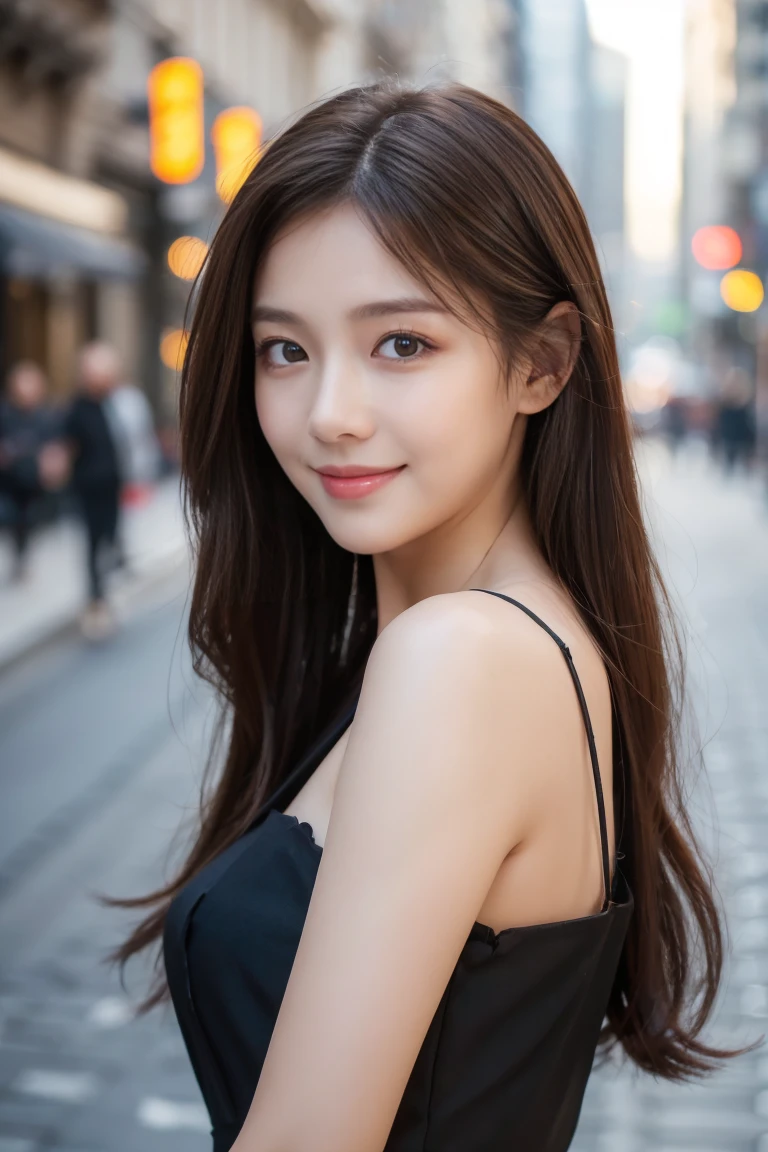 ((Highest quality, 8k, masterpiece :1.3)), 1 girl, smile, whole body, Face thinning, Beautiful woman, (Dark brown hair), Full-length dress :1.1, Highly detailed face, Delicate eyes, double eyelid, Blurred Background, Face thinning, city, External, street, Small tits exposed