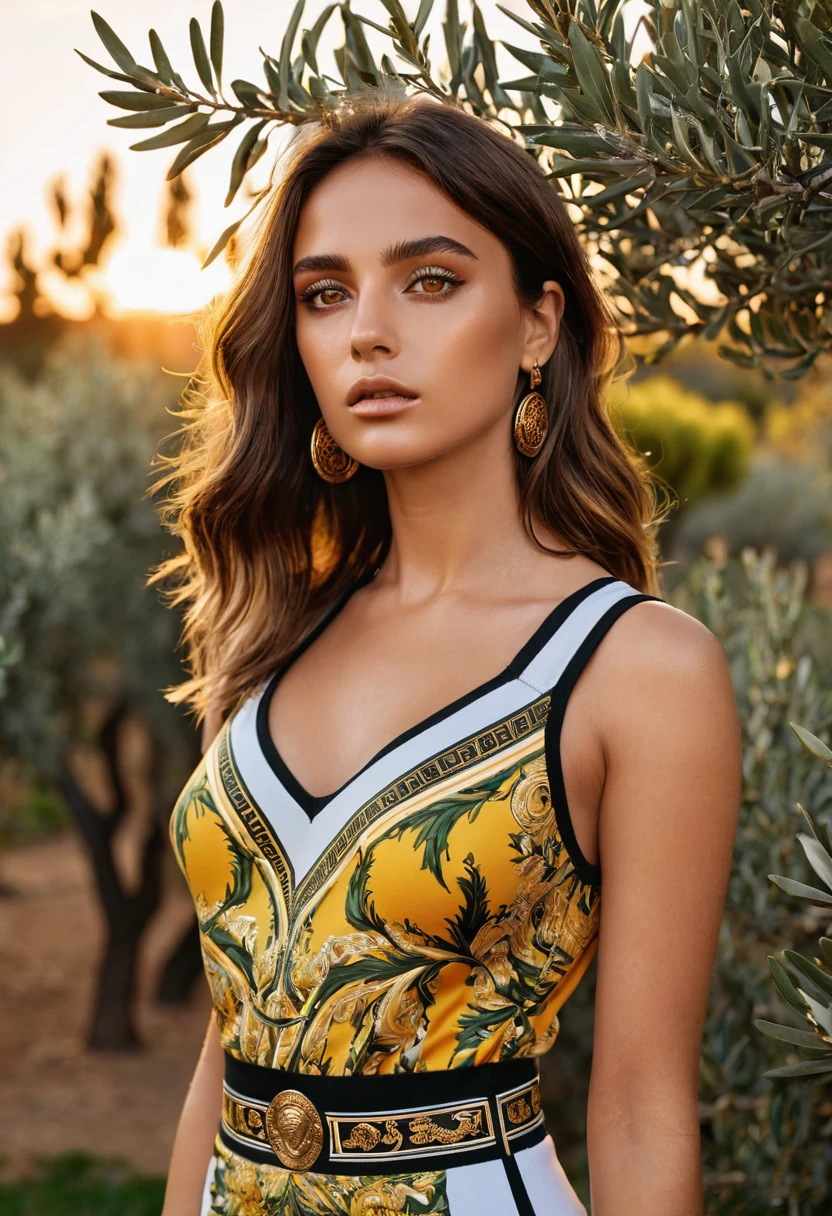 ((best quality)), ((masterpiece)), (detailed), full body shot, perfect face, sunsetting in the background, young italian woman with hazel eyes, wearing Versace apparel. she is looking off at the sunset, olive trees in the distance