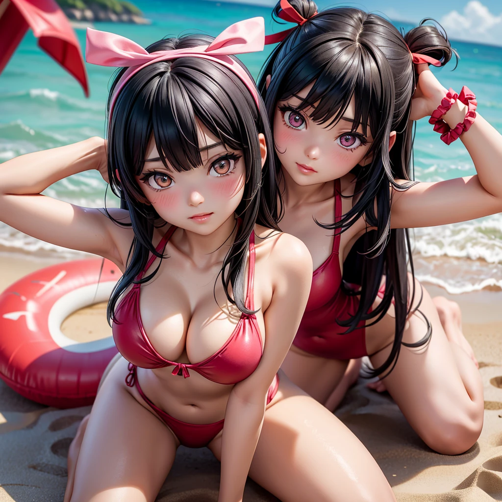 v idol. 29-years-old Japanese woman. very curvasious and medium breast. gold eyes. long black hair to her shoulders and bangs in the front. Red ribbon in her hair, wearing a pink swimsuit, beach bar background, kneeling