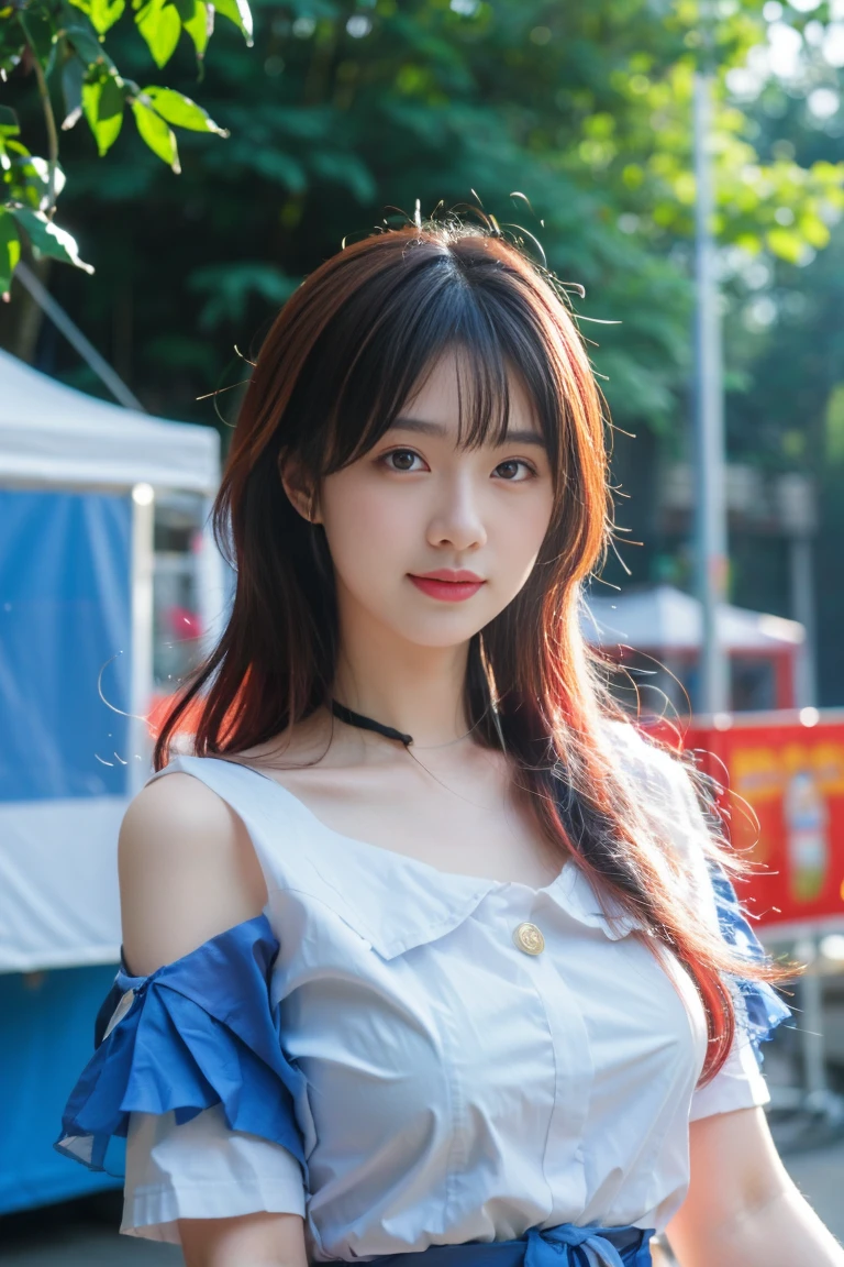  best quality, tmasterpiece,Ultra-high resolution,Clear face,（Reality：1.4），ferpect lighting，(upper body:1.5), (photorealistic:1.50), anime wallpaper, Guviz style artwork, cover-up fantasy up to magic , by Yang J, Guviz, beautiful artwork illustration, beautiful digital artwork, beautiful digital illustration, Li Song, beautiful anime portrait, art style in Beauvot, march_7th, (march_7th_festival_outfit:1.4), 1girl, 独奏, (street, cute, food stall, street food, blush, happy:1.2), light particles, light rays, sidelighting, fate \(series\), genshin impact,cloud, illustration, cake, artgerm, garden, trees, flowers, grass, stands, 