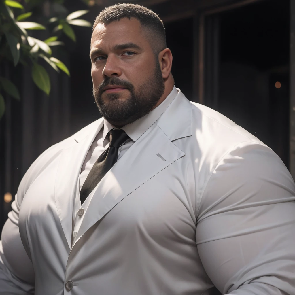 An award-winning original photo，A wild fat man, (40 years old daddy:1.1), 1boy, Solo, (black suit), (white dress shirt), (top fully opened), (big shoulderusculature, stubbles, Short beard, Beautiful eyes:1.3), (Detailed face:1.3), Dynamic Angle, volumetric lighting, (Best quality, A high resolution, Photorealistic), Cinematic lighting, Masterpiece, RAW photo, Intricate details, hdr, depth of field,extreme close up, 